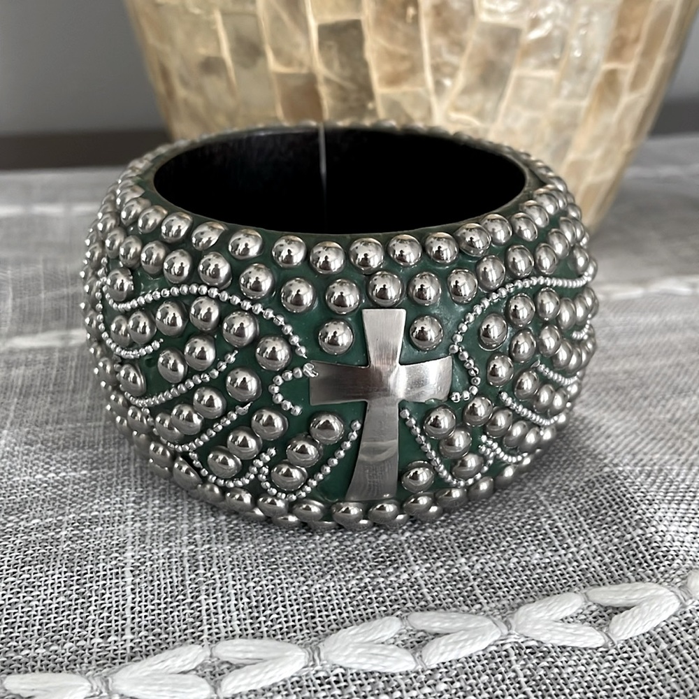 Noi Green Wood Bangle Bracelet Silver Cross Studded Brutalist Style